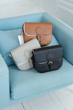Sandalyede üç el çantası var. Siyah, süt ve bej renkli kadın çantaları açık minimalizmde mavi sandalyede sergilenmektedir.