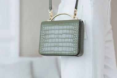 Yeşil dokular, altın mobilyalı deri çapraz vücut çantası, minimalist tasarım, bir model üzerinde..