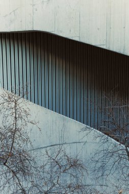 Bükülmüş metal çizgileri binanın duvarında bir şablon oluştururken ağaçların çıplak dalları ön planda gün ışığını aydınlatırken