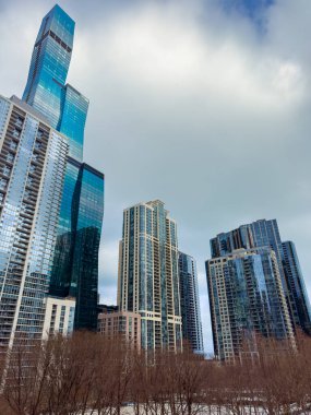 Şehirdeki yüksek binalar cam ve çeliğin karışımını gösteriyor. Gökyüzü bulutlu ve yapılar ışığı yansıtıyor. Ağaçlar ön planda görünür, kentsel görünüm artar.