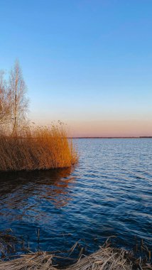 Gölün kıyısındaki sakin su, kıyı boyunca yükselen açık mavi gökyüzünü gösterir. Güneş uzaklardan batarken sahne, günün sonunu gösterir.