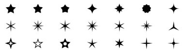 Yıldız simgesi koleksiyonu. Farklı yıldız şekilleri. Siyah yıldız simgesi seti. Işıldayan yıldız ikonu hazır. Vektör illüstrasyonu 