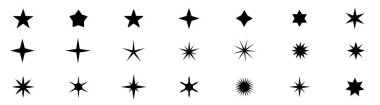 Yıldız simgesi koleksiyonu. Farklı yıldız şekilleri. Siyah yıldız simgesi seti. Işıldayan yıldız ikonu hazır. Vektör illüstrasyonu 