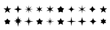 Yıldız simgesi koleksiyonu. Farklı yıldız şekilleri. Siyah yıldız simgesi seti. Işıldayan yıldız ikonu hazır. Vektör illüstrasyonu