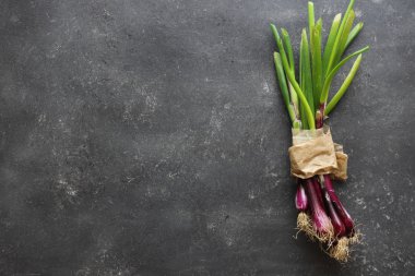 Masanın arka planında mor bahar soğanları