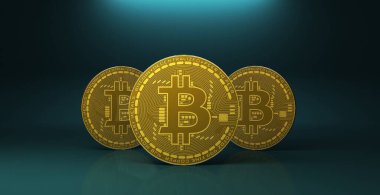 Mavi yansıtıcı yüzeyde üç altın bitcoin, üç boyutlu görüntüleme