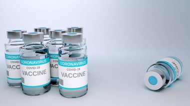 Coronavirus aşısı geçmişi için yaratıcı tasarım. Covid-19 Corona virüs aşısı aşı şişesi, 3D