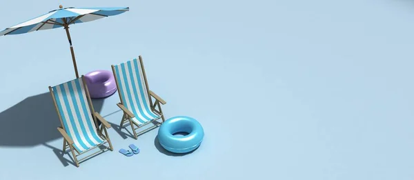 Das Konzept der Sommerferien. Draufsicht auf einer Liege unter einem Sonnenschirm am Sandstrand, 3D Rendering — Stockfoto