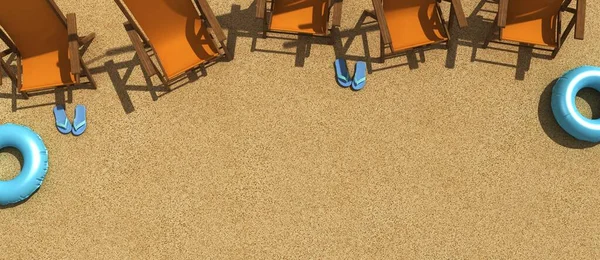 A nyári vakáció fogalma. Top kilátás egy napernyő alatt egy napernyő a homokos tengerparton, 3D Renderelés — Stock Fotó