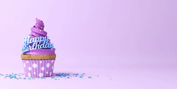 Vaaleanpunainen cupcake pastellitaustalla, syntymäpäiväkakku, 3d renderöinti — kuvapankkivalokuva