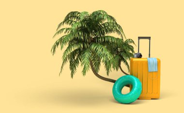 Sarı bavul ve açık sarı arka planda seyahat aksesuarları. 3d oluşturma