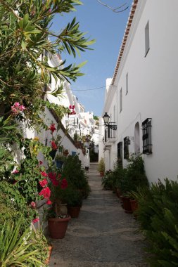 Frigiliana 'da bir sokak manzarası, pueblo blanco, ülkenin güney kesiminde tipik bir İspanyol köyü mimarisi