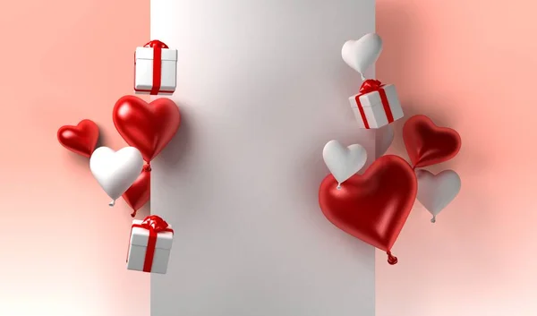 Valentijnsdag achtergrond met ballonnen hart en geschenken. Brochure, spandoeken. 3d destructie — Stockfoto