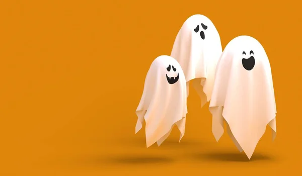 Tres fantasmas de Halloween sobre fondo naranja, representación 3d —  Fotos de Stock