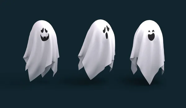 Tres fantasmas de Halloween sobre fondo oscuro, representación 3d —  Fotos de Stock