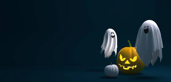 Tres fantasmas de Halloween sobre fondo oscuro, representación 3d —  Fotos de Stock