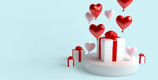 День святого Валентина. Фон з реалістичними святковими подарунковими коробками та сердечками. Кулі у формі серця. 3D візуалізація — стокове фото