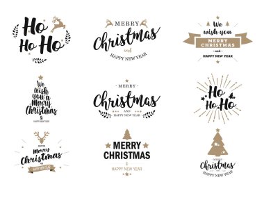 Mutlu Noeller ve mutlu yıllar tipografi seti. Vektör logosu, amblemler