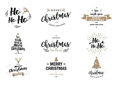 Mutlu Noeller ve mutlu yıllar tipografi seti. Vektör logosu, amblemler