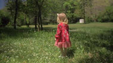 Yavaş çekim: Kırmızı elbiseli genç bir anne, rüzgarda çırpınan, şapkalı, uçsuz bucaksız tarlada yürüyen, küçük kızını elinden tutan. Yürüyorum. Gün batımı.