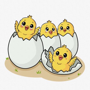 Yumurtadan çıkan sevimli sarı civcivler, beyaz arka planda sevimli çizgi film çizimleri.
