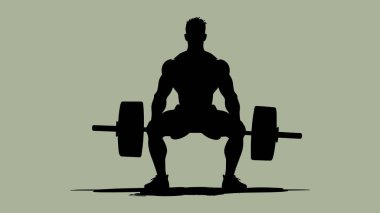 Silhouette illustration of a powerful athlete performing a back squat with a heavy barbell across their shoulders.
