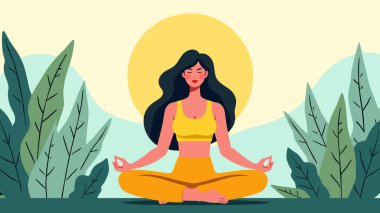 An illustration of a woman practicing meditation outdoors, seated in a cross-legged position. She is wearing a bright yellow yoga outfit and has long, flowing dark hair