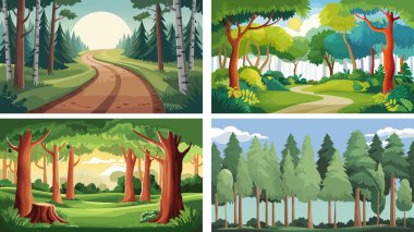 Bereketli yeşillikleri, çam ağaçları ve parlak gün ışığı altında dolambaçlı yolları olan dört sakin orman manzarası içeren güzel vektör çizimleri..