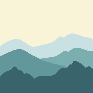 Soluk sarı gökyüzünün altında katmanlı mavi dağ sıralarının minimalist sanatı. Tepelerin arkasında turuncu halkaları olan stilize, dairesel bir güneş batıyor. Yumuşak eğimler ve temiz, düz şekiller.