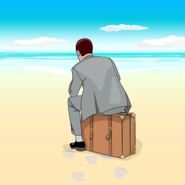 Man sitting on suitcase at the beach clipart