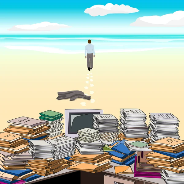 Uno va a lo largo de la playa lejos del escritorio desordenado — Vector de stock