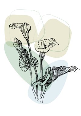 Moda renklerinde çağdaş sanat çiçekli posterler. Soyut el çiçekleri, geometrik elementleri ve vuruşları, yaprakları ve çiçekleri çizer. 