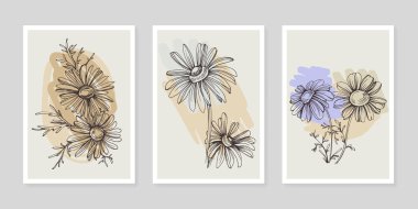 Moda renklerinde çağdaş sanat çiçekli posterler. Soyut el çiçekleri, geometrik elementleri ve vuruşları, yaprakları ve çiçekleri çizer. 