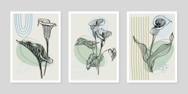 Moda renklerinde çağdaş sanat çiçekli posterler. Soyut el çiçekleri, geometrik elementleri ve vuruşları, yaprakları ve çiçekleri çizer. 