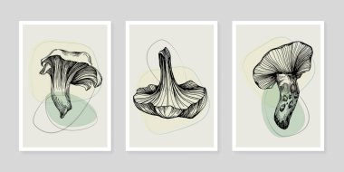 Moda renklerinde çağdaş sanat mantarları posterleri. Soyut el çiçekleri, geometrik elementleri ve vuruşları, yaprakları ve çiçekleri çizer. 