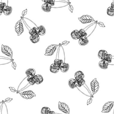 Botanik kusursuz desen. El çizimi siyah beyaz çilek demeti. Tekstil ve kumaş için geniş çiçekli bir arka plan. Klasik stil.