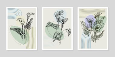 Moda renklerinde çağdaş sanat çiçekli posterler. Soyut el çiçekleri, geometrik elementleri ve vuruşları, yaprakları ve çiçekleri çizer. 