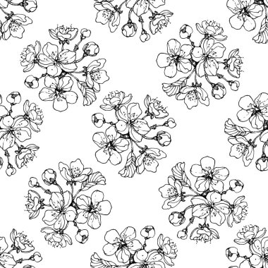 Botanik kusursuz desen. El çizimi siyah beyaz çilek demeti. Tekstil ve kumaş için geniş çiçekli bir arka plan. Klasik stil.