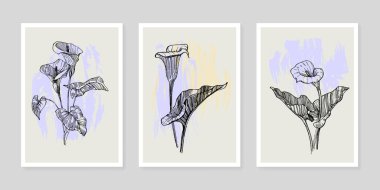 Moda renklerinde çağdaş sanat çiçekli posterler. Soyut el çiçekleri, geometrik elementleri ve vuruşları, yaprakları ve çiçekleri çizer. 