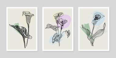Moda renklerinde çağdaş sanat çiçekli posterler. Soyut el çiçekleri, geometrik elementleri ve vuruşları, yaprakları ve çiçekleri çizer. 