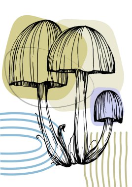 Moda renklerinde çağdaş sanat mantarları posterleri. Soyut el çiçekleri, geometrik elementleri ve vuruşları, yaprakları ve çiçekleri çizer. 