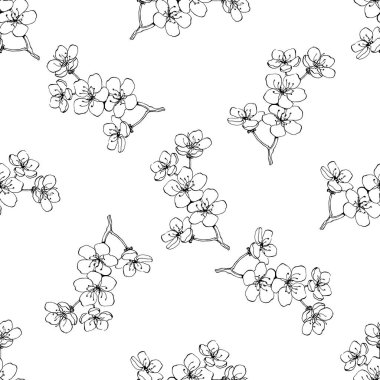 Botanik kusursuz desen. El çizimi siyah beyaz çilek demeti. Tekstil ve kumaş için geniş çiçekli bir arka plan. Klasik stil.