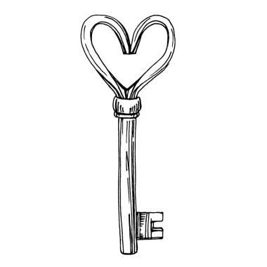 Eski Key skeci. Tasarım için izole bir element. Korunma ve güvenliğin eski bir sembolü. Logo için antika vintage oyma çizimi