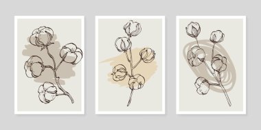 Pamuk çiçek duvarı sanat seti. Soyut şekilli doğa çiziminin yaprakları. Baskı, kapak, duvar kâğıdı ve dekorasyon için modern Soyut Bitki Sanatı tasarımı.