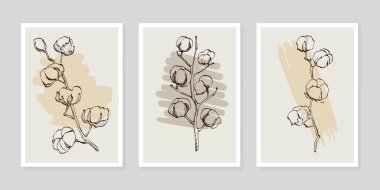 Pamuk çiçek duvarı sanat seti. Soyut şekilli doğa çiziminin yaprakları. Baskı, kapak, duvar kâğıdı ve dekorasyon için modern Soyut Bitki Sanatı tasarımı.