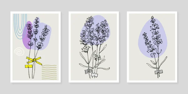 Lavanda Flor Pared Arte Planta Conjunto Follaje Naturaleza Línea Dibujo — Archivo Imágenes Vectoriales