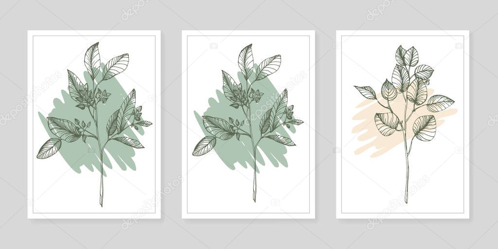 Contemporary art floral posters in trendy colors. Abstract hand drawing flowers and geometric elements and strokes, leaves and flower. 