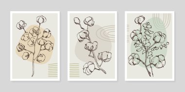Pamuk çiçek duvarı sanat seti. Soyut şekilli doğa çiziminin yaprakları. Baskı, kapak, duvar kâğıdı ve dekorasyon için modern Soyut Bitki Sanatı tasarımı.