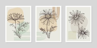 Moda renklerinde çağdaş sanat çiçekli posterler. Soyut el çiçekleri, geometrik elementleri ve vuruşları, yaprakları ve çiçekleri çizer. 