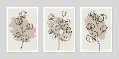 Pamuk çiçek duvarı sanat seti. Soyut şekilli doğa çiziminin yaprakları. Baskı, kapak, duvar kâğıdı ve dekorasyon için modern Soyut Bitki Sanatı tasarımı.